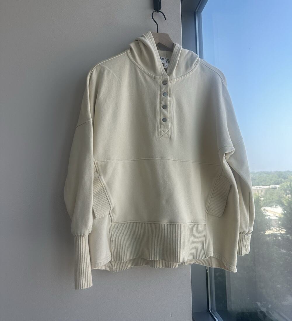 Bucket List Women's S Cream Pullover Fleece Hoodie Button Accent Long Sleeve